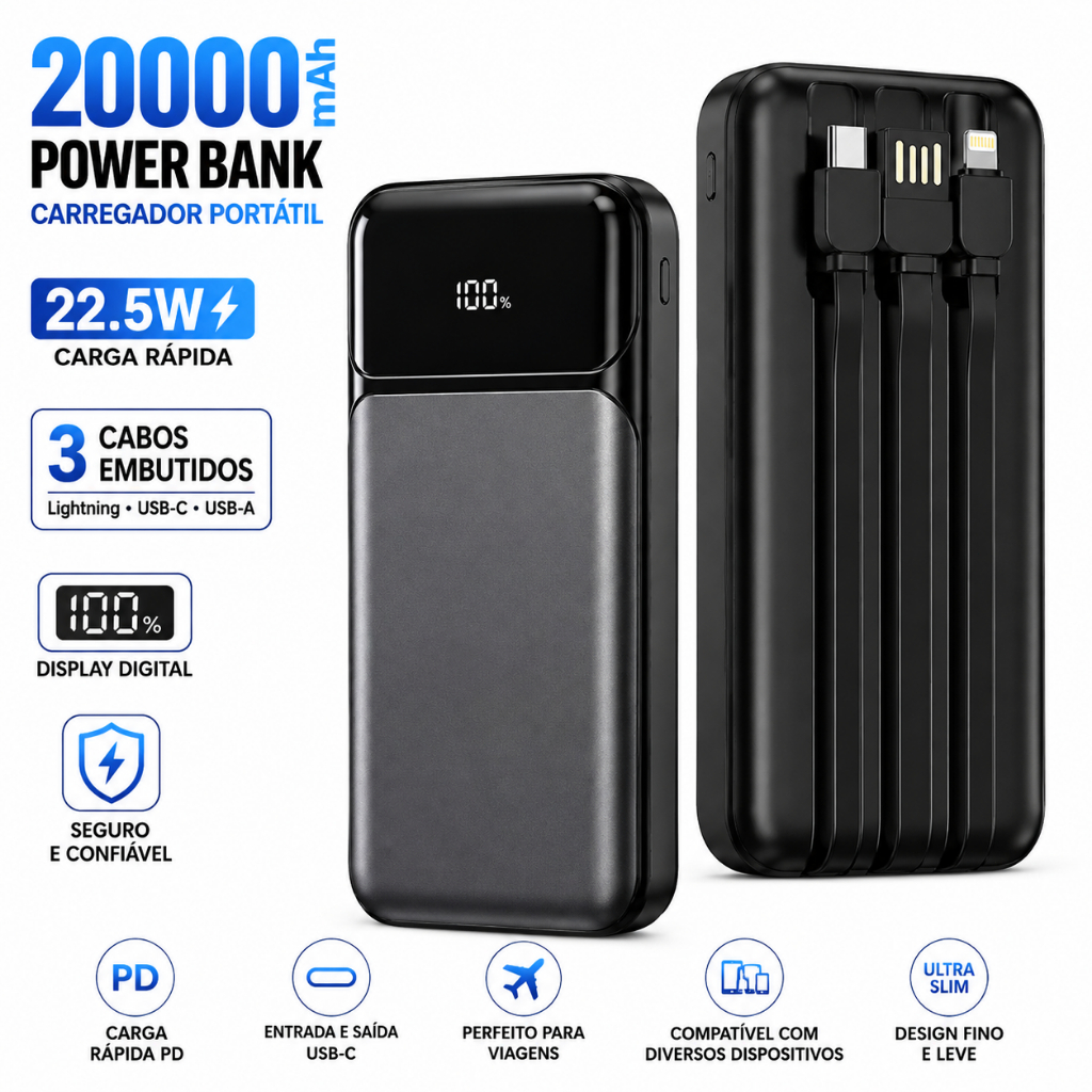 Power Bank 20000mAh 22,5W com 3 Cabos Embutidos Carregador Portátil para iPhone Android com Display Digital USB-C
