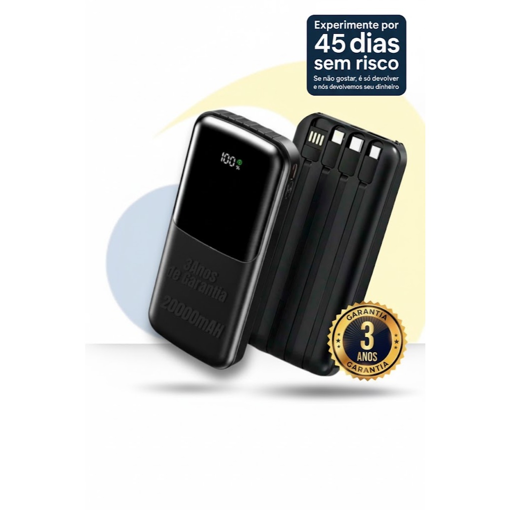 🔋 Power Bank 20000mAh Original - Carga Rápida, Display Digital e Cabos Embutidos + 3 Anos Garantia