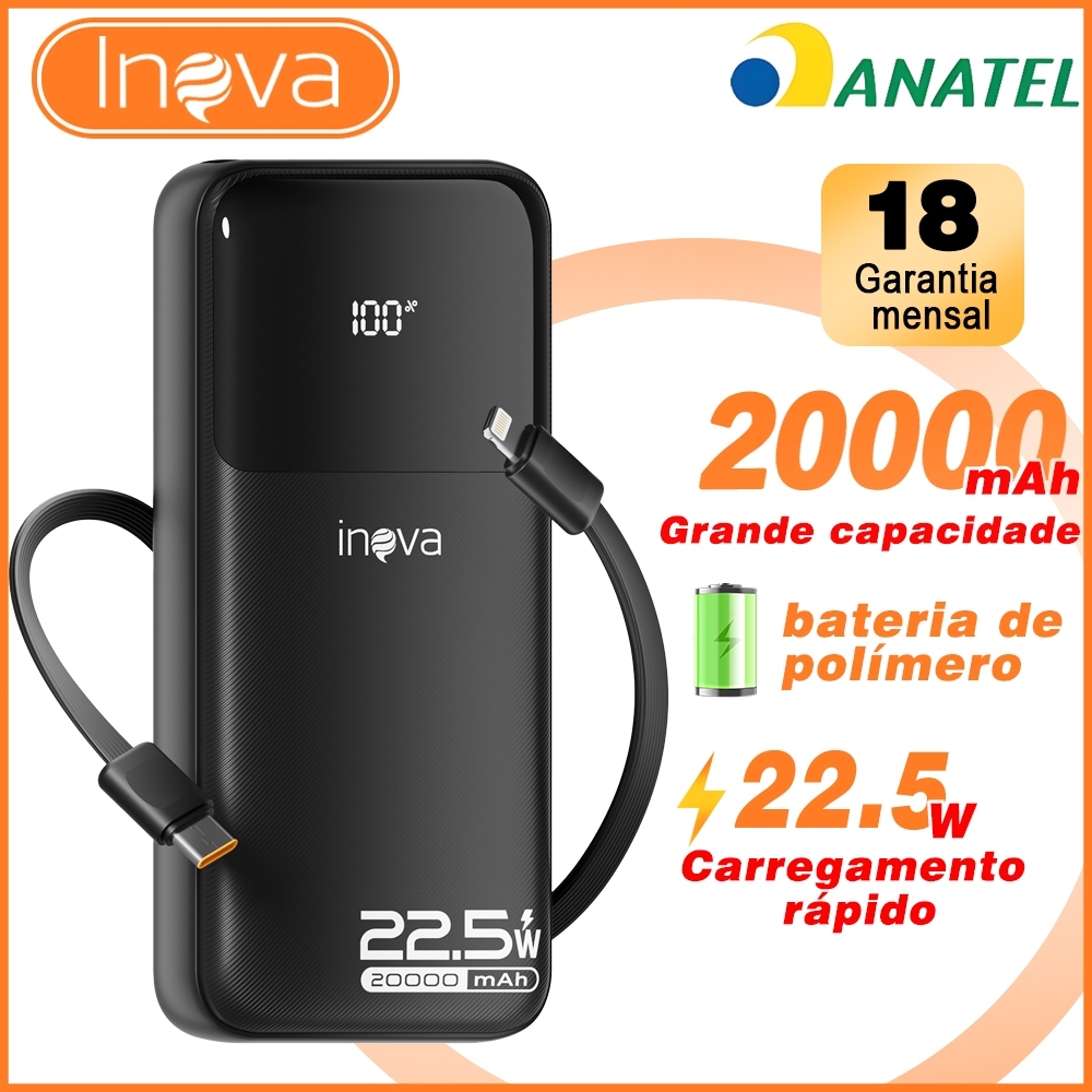 INOVA Carregador portátil 20000 mAh Alta capacidade Carga rápida Turbo 22.5W Display digital Cabo embutido