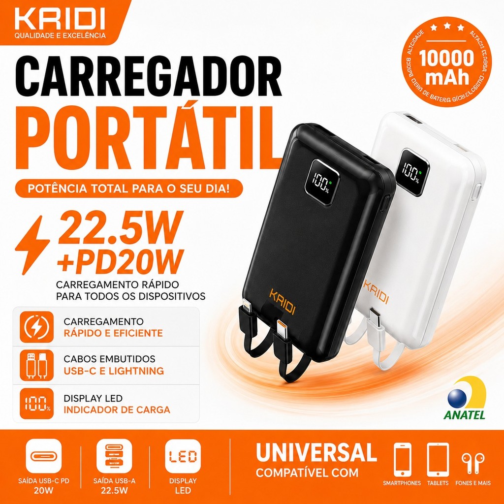 Carregador Portátil KAIDI 10000mAh 22,5W com PD 20W, Cabos Embutidos e Display LED