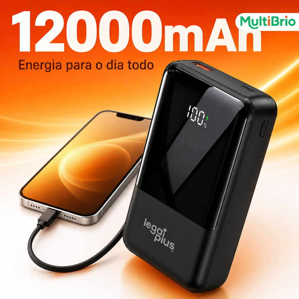 Carregador Portátil 12000mAh com Display Digital e Cabos Embutidos – 22.5W de Saída e 3.7V–Compatível com iOS e Android