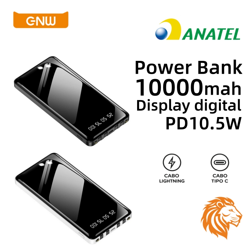 Power Bank 10.5W com 4 Cabos Embutidos e Display LED - Carregador Portátil para Celular - Sem necessidade de cabos extra
