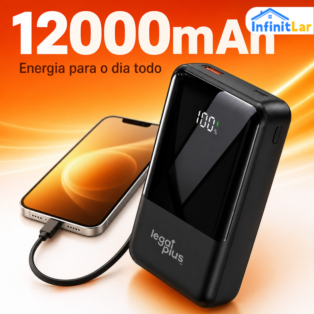 Carregador Portátil 12000mAh com Display Digital e Cabos Embutidos – 22.5W de Saída e 3.7V–Compatível com iOS e Android