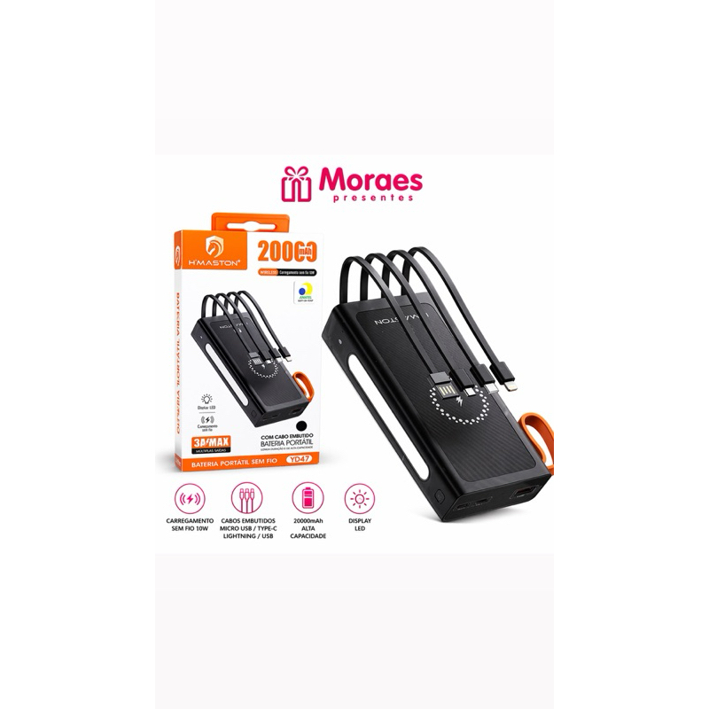Power bank 20000mAh com carregamento sem fio, cabos embutidos, múltiplas saídas e display LED. Ideal para viagens.