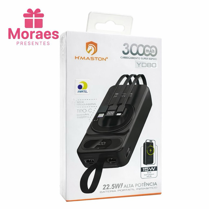 Power Bank H’Maston 30000mAh, 22.5W turbo, wireless 15W, cabos embutidos, display digital, portátil e potente.