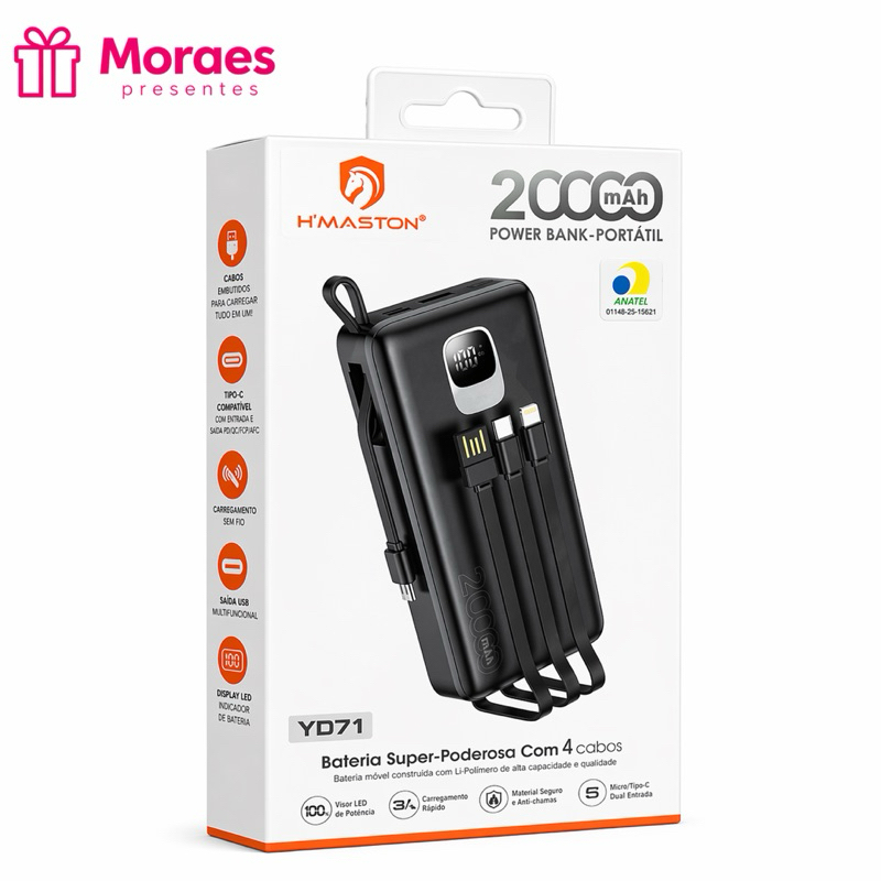 Power bank 20000mAh com 4 cabos embutidos, carga rápida 3A e display LED. Ideal para viagens e uso diário.