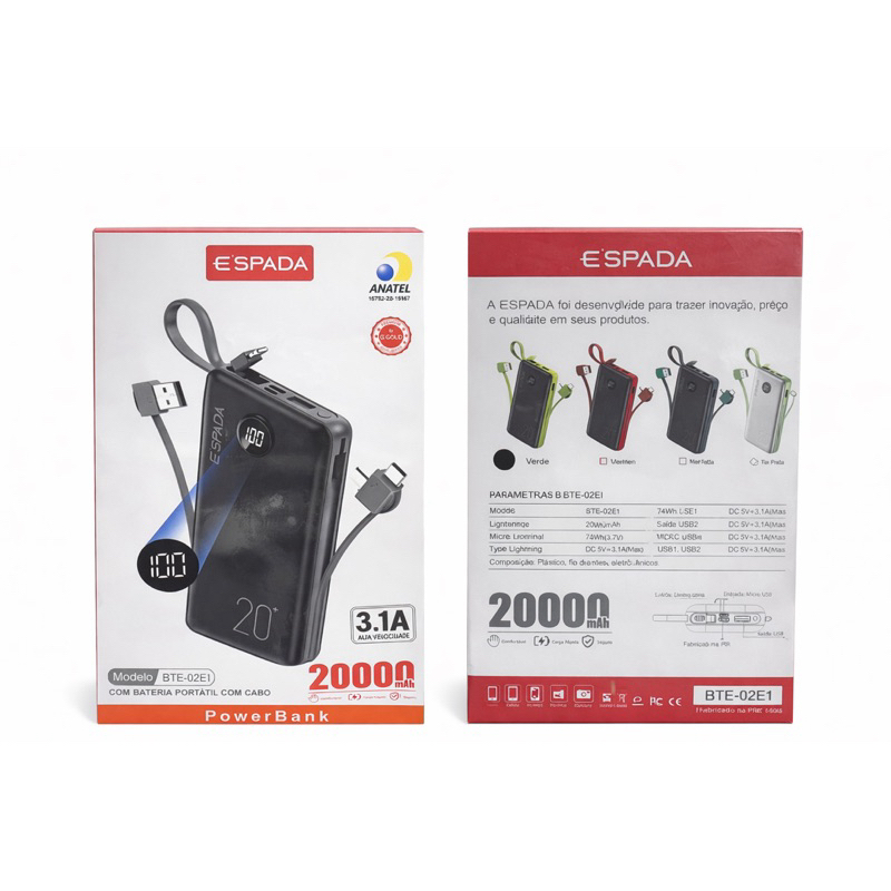 Power Bank 20.000mAh com cabos embutidos, carga rápida 3.1A e display digital. Ideal para o dia a dia.