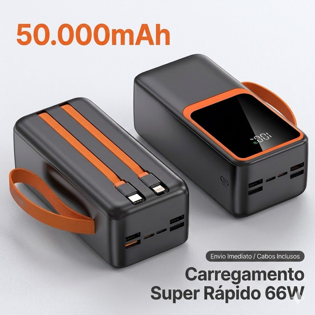 Power Bank 50000mAh Carregamento Super Rápido 66W Carregador Portátil com Cabos Embutidos e Display Digital LED