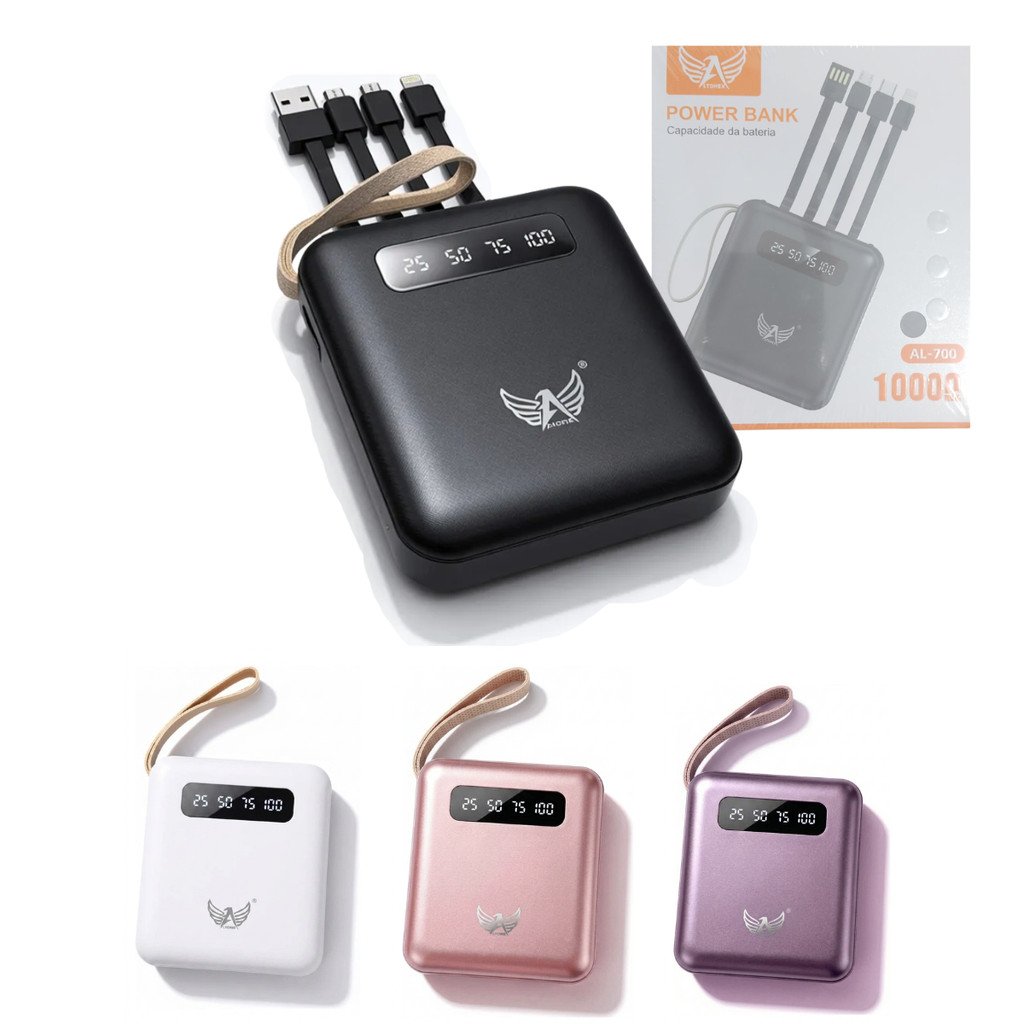 Carregador Portátil Power Bank 10000mAh Display Digital LED Cabos Embutidos Altomex AL-700