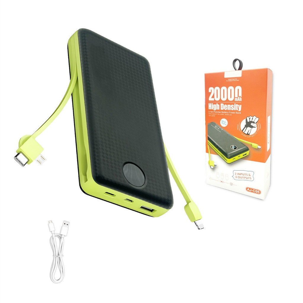 Power Bank 20000mAh com Cabos Embutidos Tipo C Micro USB Lightning Carregador Portátil Rápido