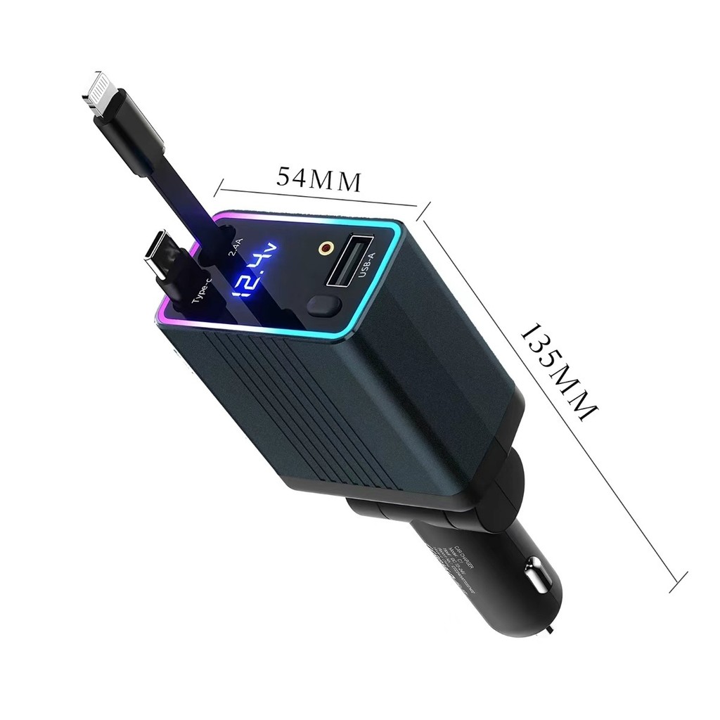 Carregador Veicular Digital 120W com Display LED – USB-A + Cabo Embutido Tipo-C/Lightning, Proteção Inteligente