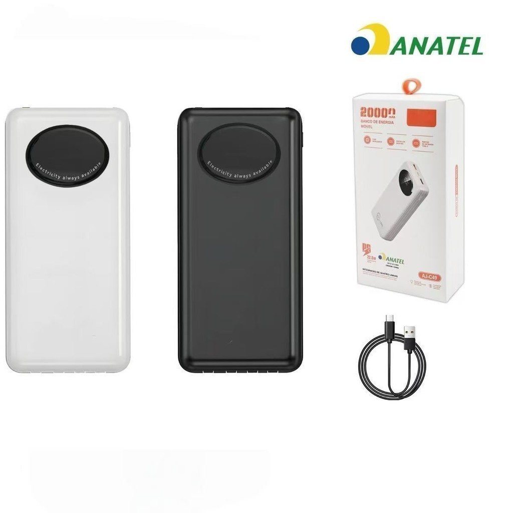 Power Bank 20000mAh com Cabos Embutidos Tipo-C iPhone Micro USB Display Digital Portátil