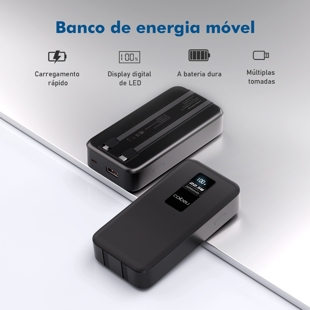 COIBEU Banco de Potência Portátil com Display Digital Carregador Externo Embutido 2 Cabos 20000mAh