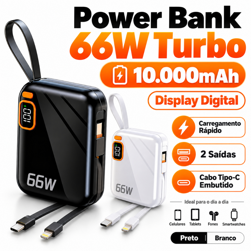 Carregador Power Bank 10000mAh 66W Carregamento Rápido Display Digital 2 Saídas com Cabo Tipo C Embutido
