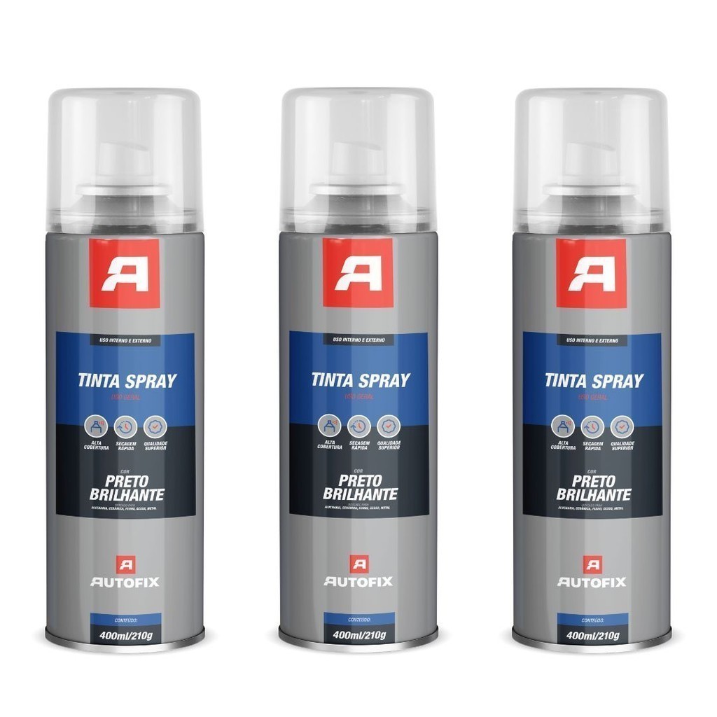 Kit 3 Premium Sprays Uso Geral 400ml - Autofix 400ml / 210g - Preto Brilhante