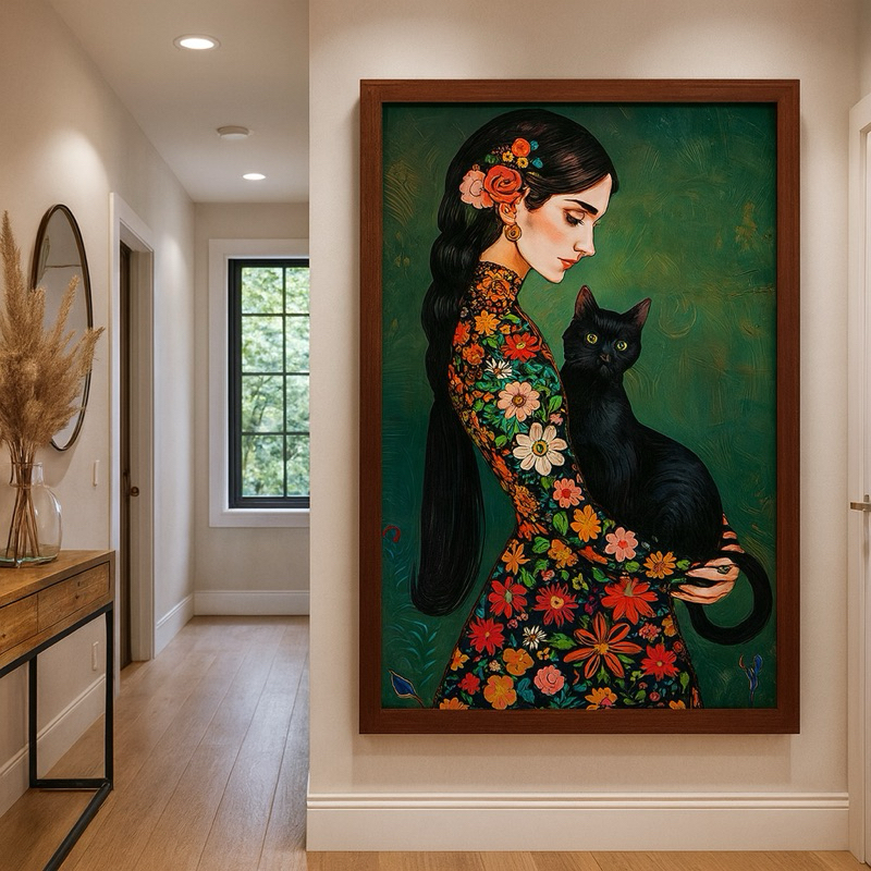 QUADRO DECORATIVO GRANDE MULHER ARTE PINTURA GATO PRETO FLORAL DECORAÇÃO INTERIOR SALA/QUARTO MDF HD