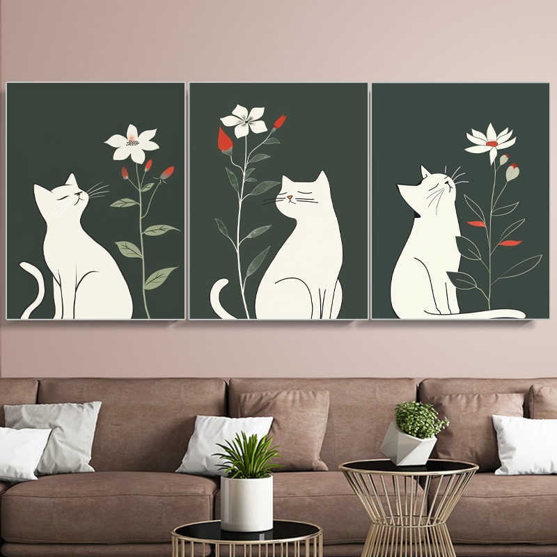Quadros Decorativos Pintura decorativa floral de gato para sala de estar de arte moderna