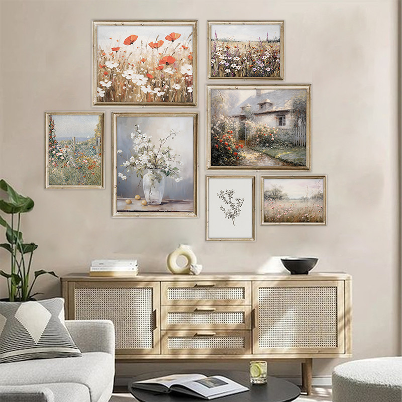 Retro Summer Wildflowers Country Cabin Landscape Poster Flores Nórdicas Pintura Em Tela Impressão De Imagem Mural Decoração De Sala De Arte