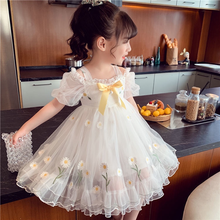 vestido de festa vestido infant Princesa Para Meninas Verão Crianças Saia  Novo Malha Pequena Margarida Fora Do Ombro