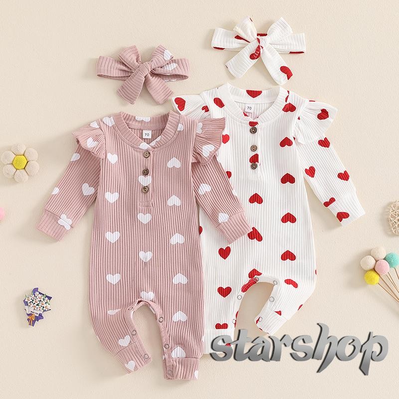 Starshop-Infant Girls Roupas De Duas Peças Conjunto De Coração Impressão Manga Longa Romper Pescoço Da Tripulação E Nó De Arco Vestido De Cabeça Pink/White