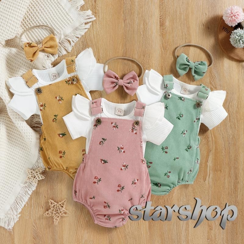 Starshop-Infant Baby Girl Summer Clothes Roupas De Verão Sólidas Cor Da Mosca Manga De Com Pescoço Redondo + Fato De Salto Padrão De Flor + Fita De Cabeça De Arco