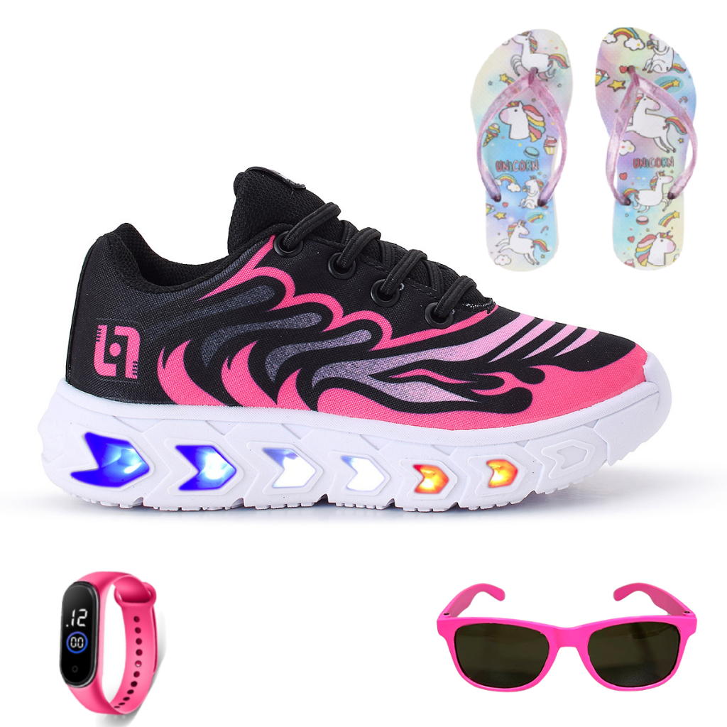 Tenis Infant De Led Meninas Casual Preto e Pink Com Luzes + Chinelo Óculos e Relógio Atacadão Emoção