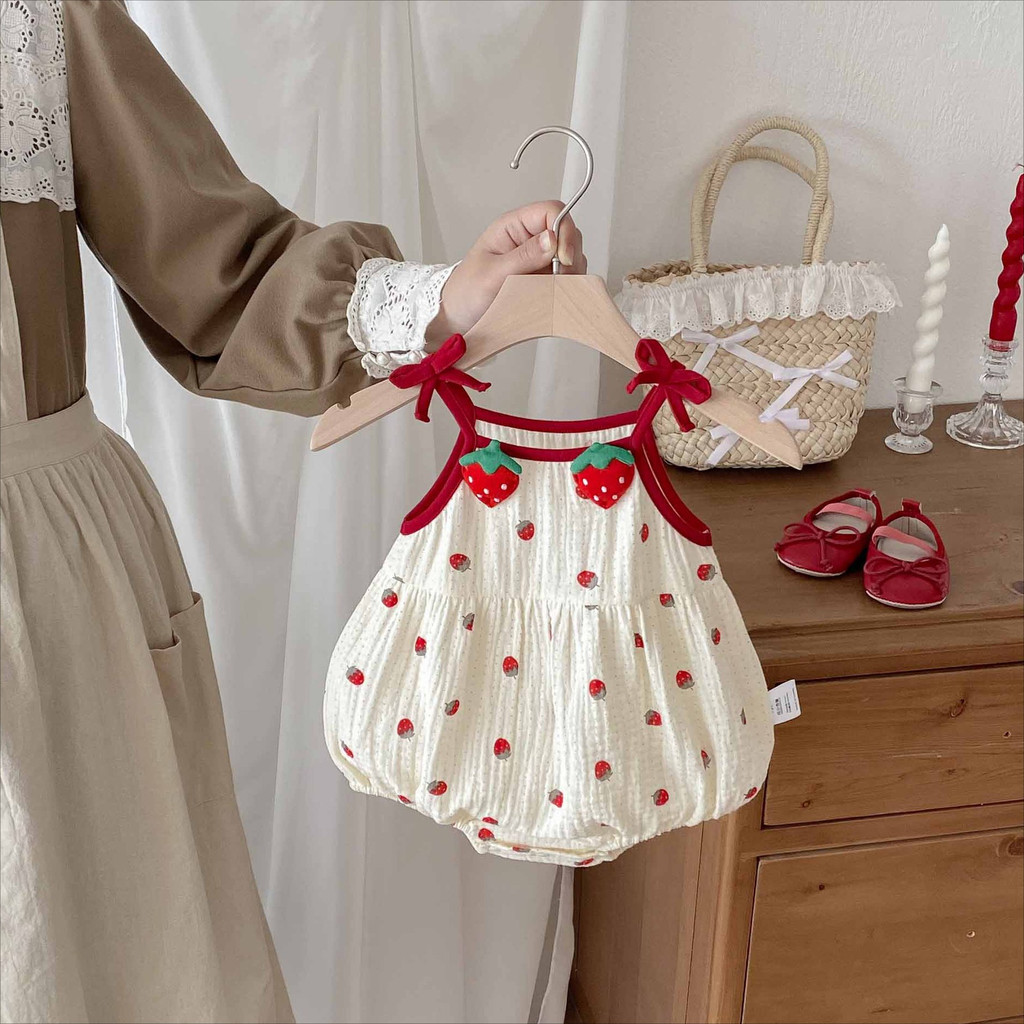 Korean Style Newborn Clothes Baby Bodysuit Strawberry Prints Infant Girl Strap Romper 0-24 Months zAoe