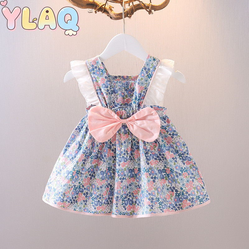 Vestido Floral Sem Mangas Para Meninas , Ombro Com Babados , Costas Grandes , Laço , Decoração , Linha A , Casual Infant