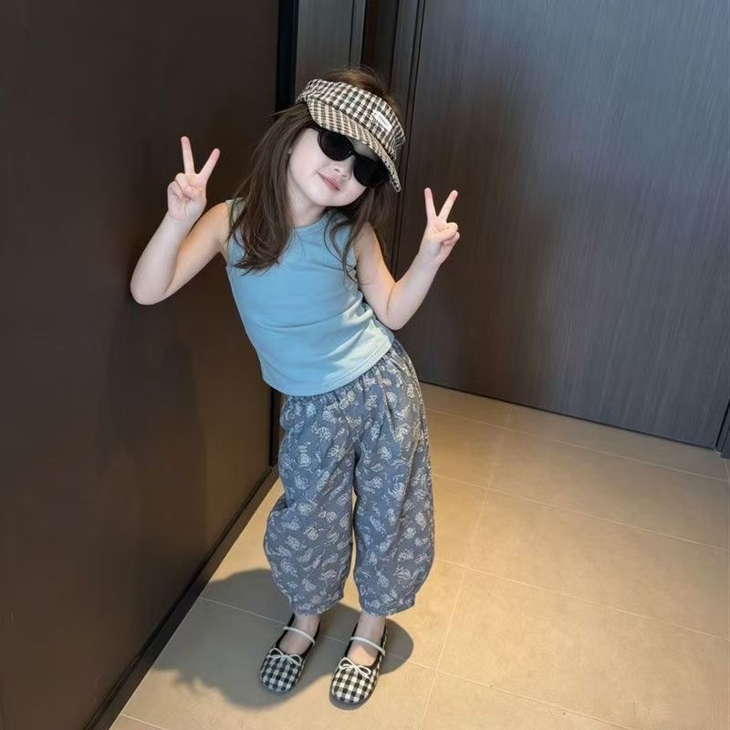 Coreano menina azul em torno do pescoço colete verão estilo fino crianças bebê moda Casual sem mangas topo roupas infant