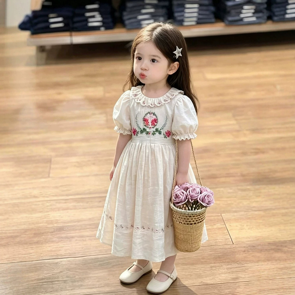 Estilo coreano meninas Retro Floral bordado vestido de verão crianças doce manga curta vestido de princesa roupas infant
