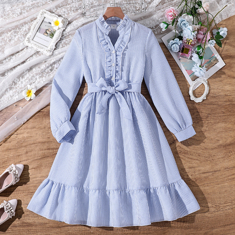 8-12 anos de idade roupas para meninas listrado gola alta renda fungo borda doce manga comprida vestido de roupas infant
