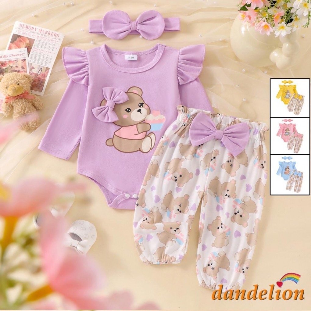 Roupa Recém-Nascida Baby Girl Fall Outfit Bear Print Manga Longa Romper Calça Elástica De Cintura Fita De Cabeça De Arco/Infant 3pcs