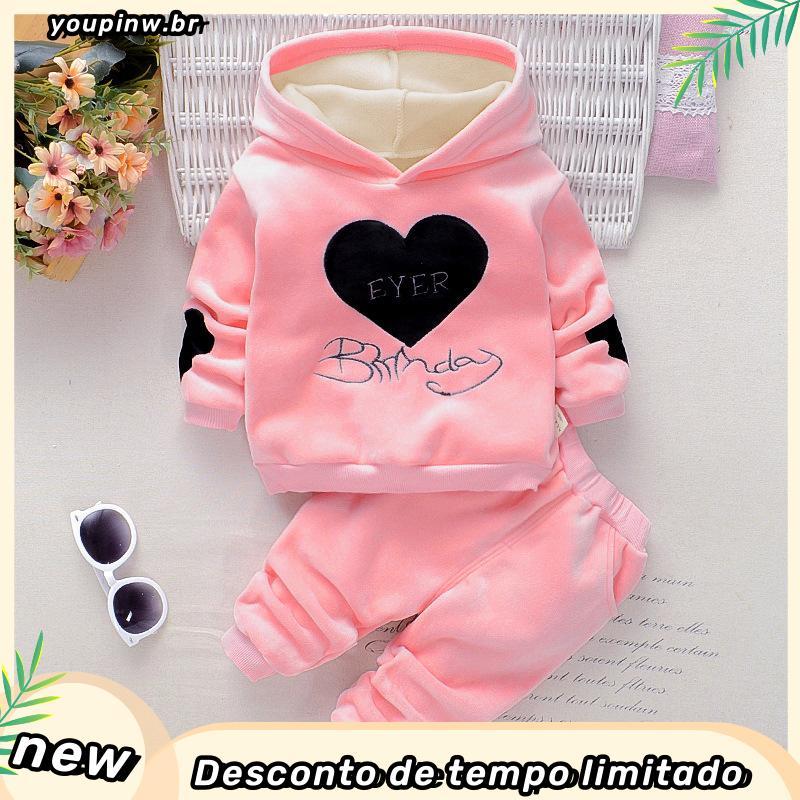 Conjunto De Pelúcia Infantil Outono Inverno Dupla Face Carta Amor Capuz Top + Pants Baby Infant Girls Warm Sportswear