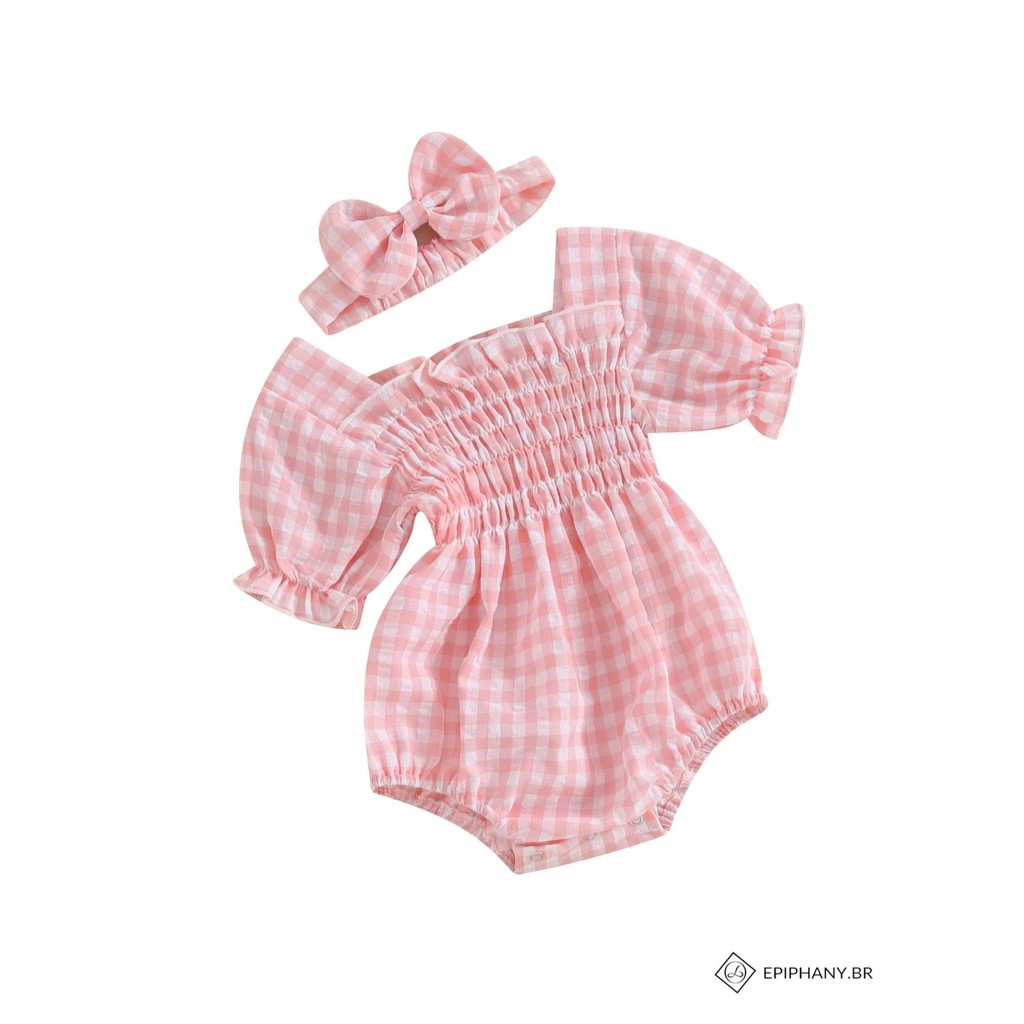Epiphany-Baby Girl 2 Peças Roupas De Primavera Manga Curta Estampa Xadrez Macacão Com Faixa De Cabeça Conjunto De Infant