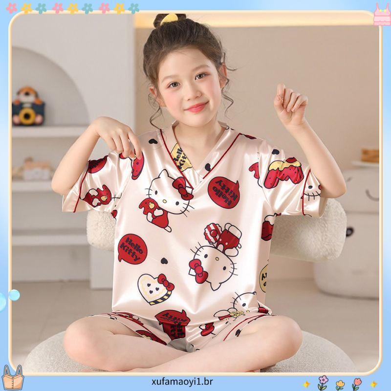 Pijamas infantis roupas de verão estilo fino meninas de manga curta roupas de ar condicionado médio grande ternos infant