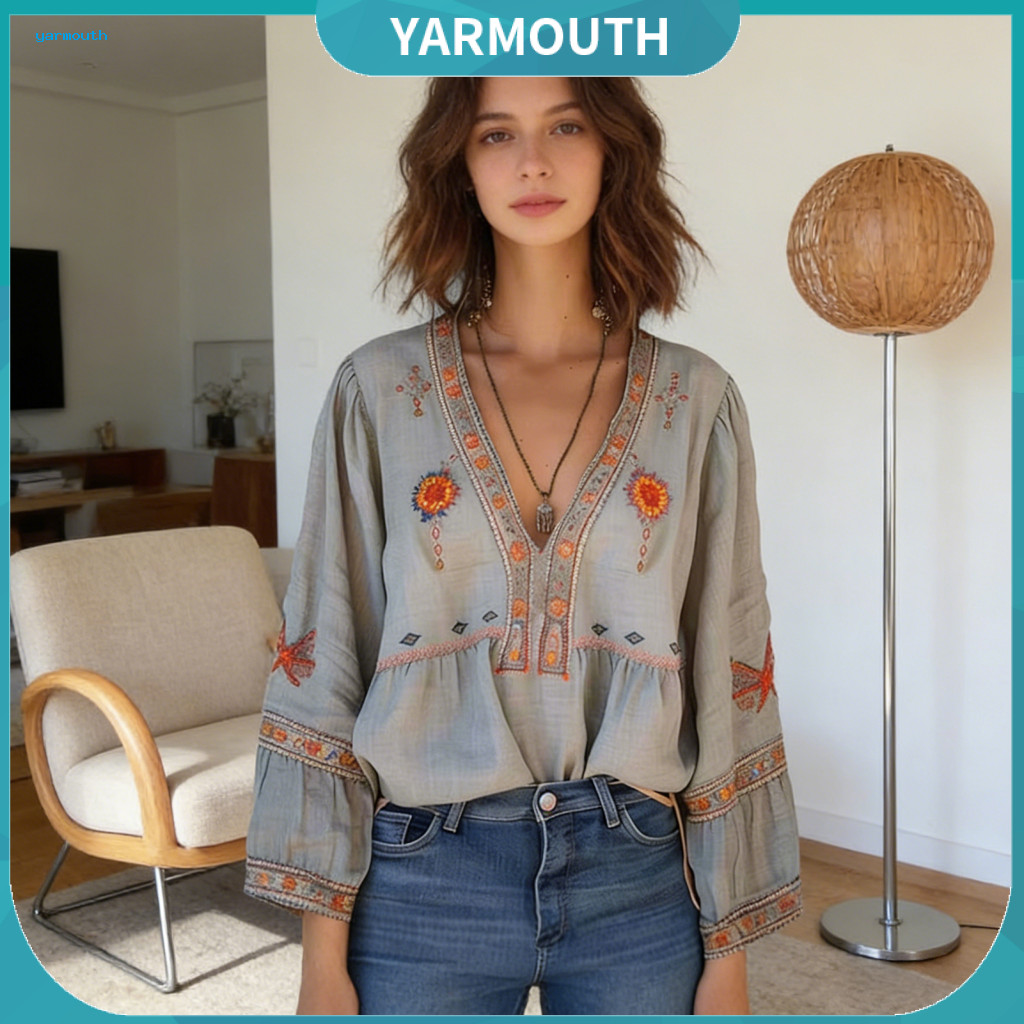 Dropped Shoulder Sleeve Tops Acetate Blend Blouse Women’s V Neck Curved Hem Layering Shirt Lightweight Wear Top for So