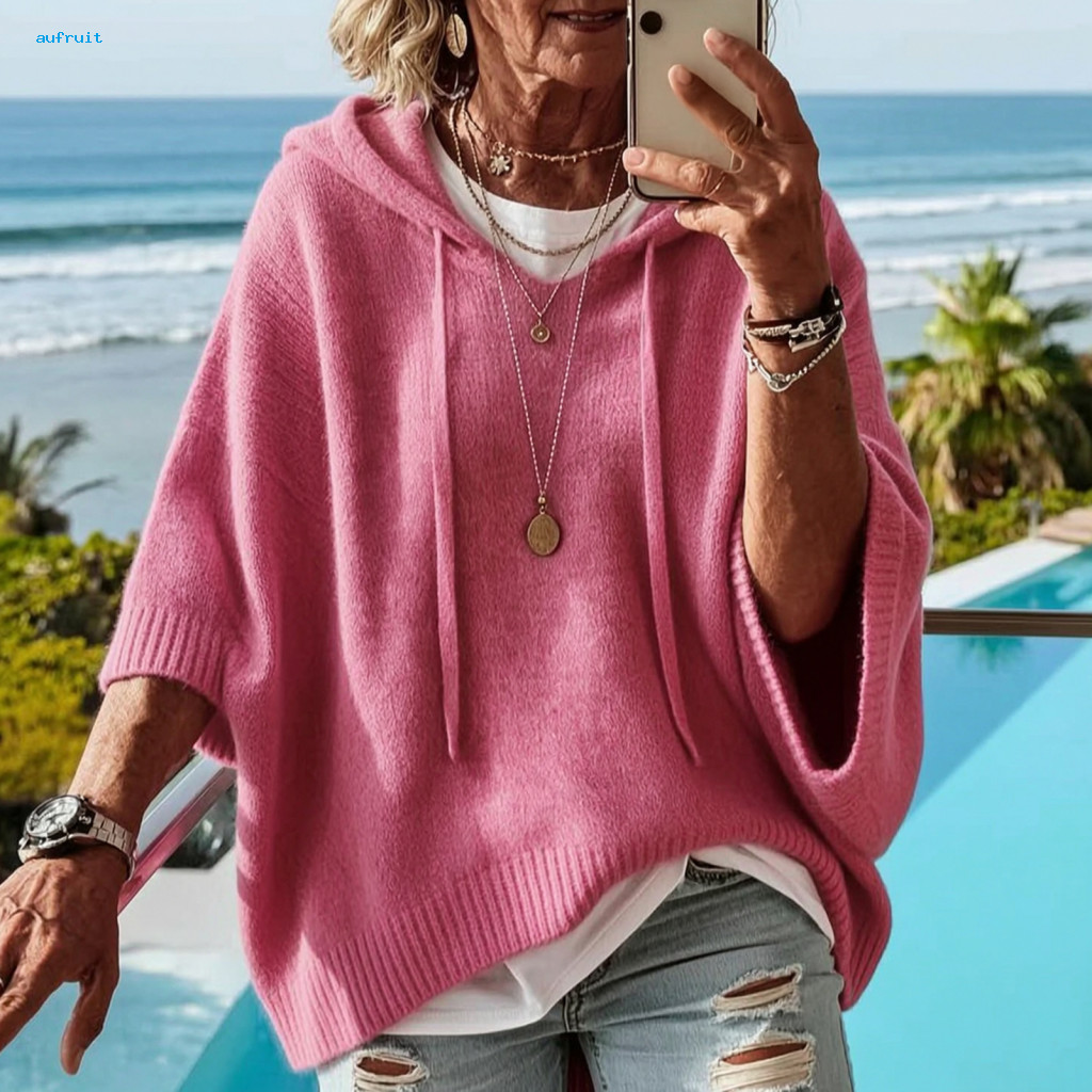 Women Hooded Sweater Dropped Shoulder Autumn Women’s Loose Fit Knit Pullover with Drawstring Hood 3/4 Sleeve Drop Soli