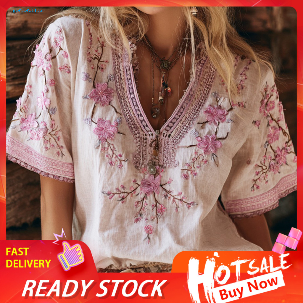 Women A-line Shirt Summer Tops Women’s Embroidered Flower V-neck Loose Fit Short Sleeve Top Dropped Shoulder Blouse So
