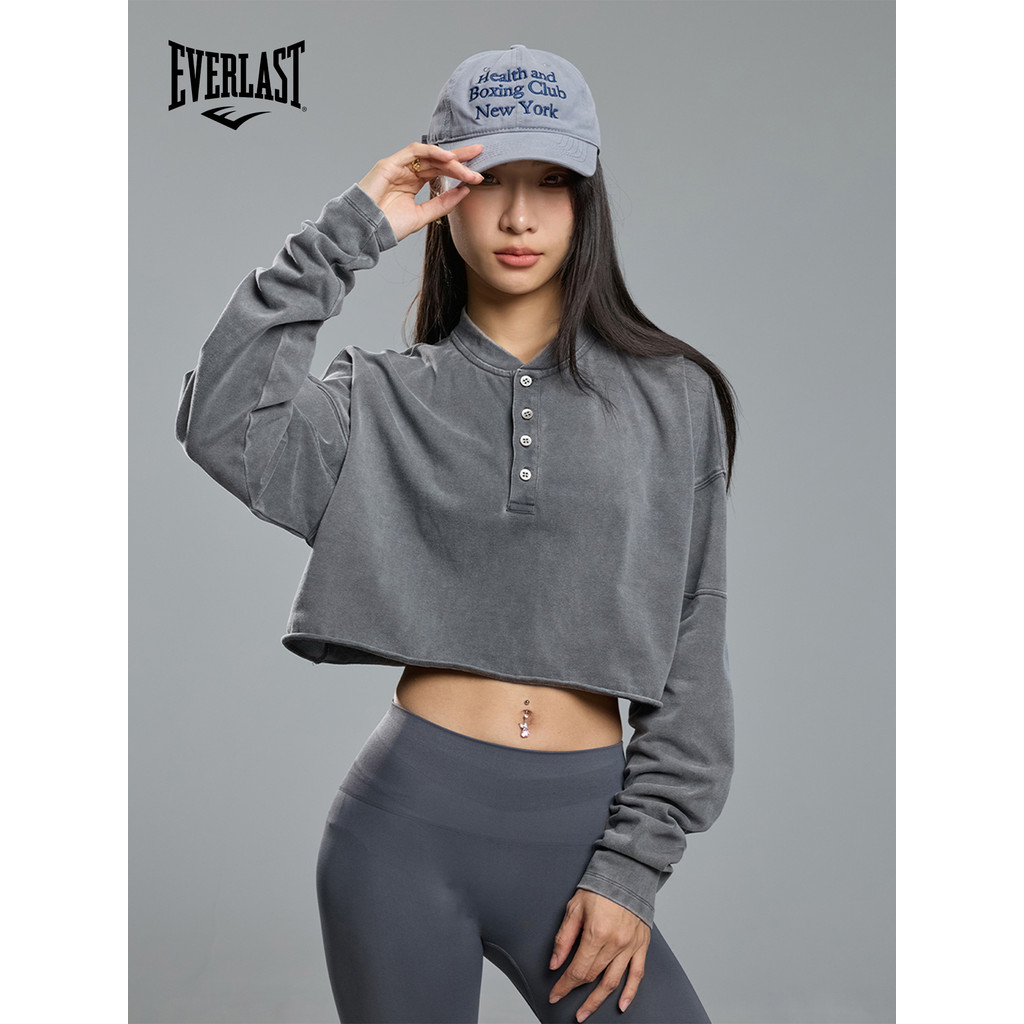 American EVERLAST Boxing Training Fitness Distressed Camiseta curta feminina de manga comprida Henry Collar Dropped Ombr