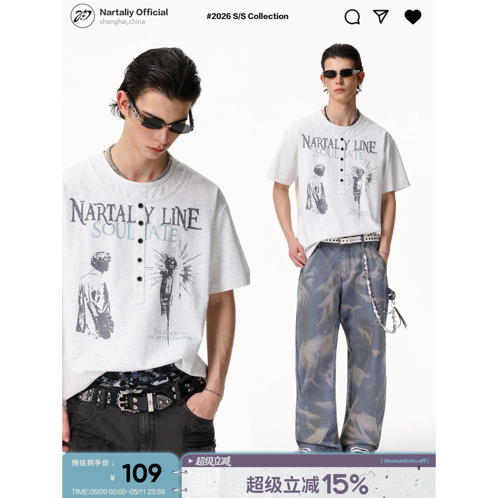 NARALIY Star Code Falso de duas peças com Design de camada dupla Henry Collar Dropped Ombro Camiseta de manga curta masc