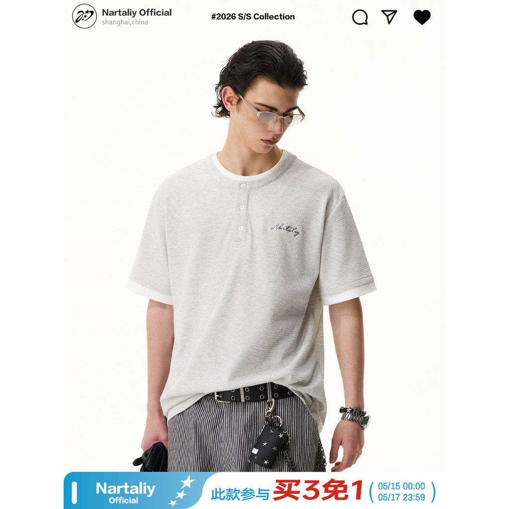 NARALIY Star Code Waffle Falso Camiseta de manga curta de duas peças Homens Mulheres Henry Collar Dropped Ombro Verão So