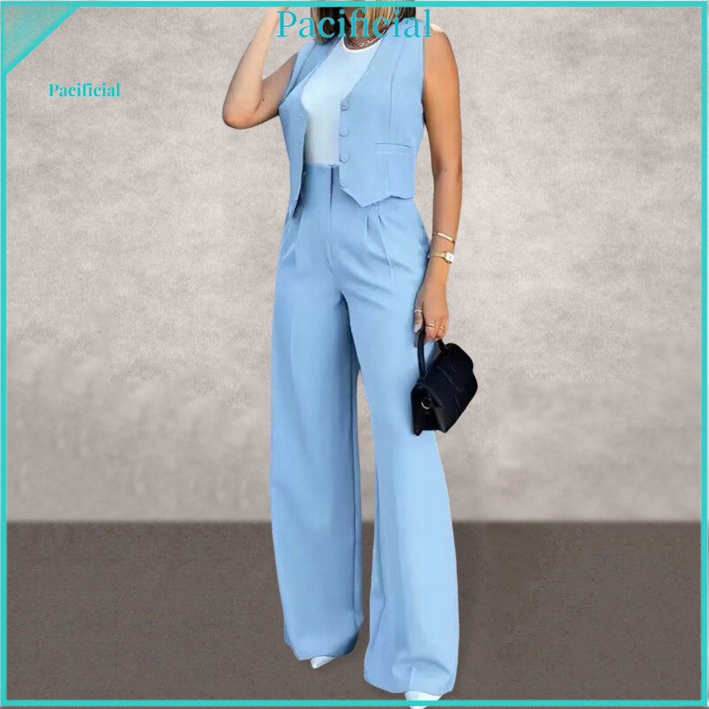 Women Suit Two-piece Set Women’s Summer Office – Button-down Blazer Vest Wide-leg Pants Stylish Work Outfit for Ladi