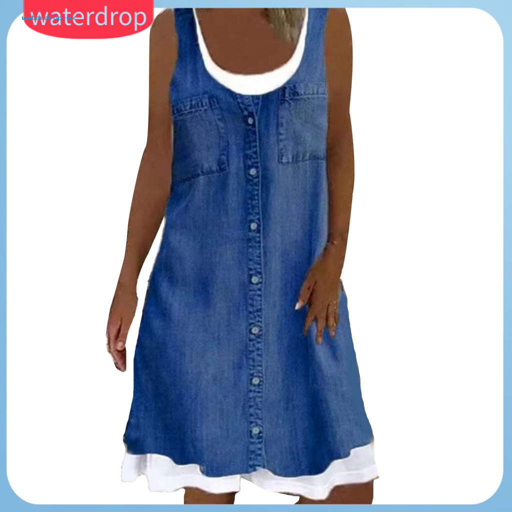 Women’s Sleeveless Summer Dress Casual Loose Fit A-line Mini Denim Print Tank Top Fake Two Piece Crew Neck Stylish and