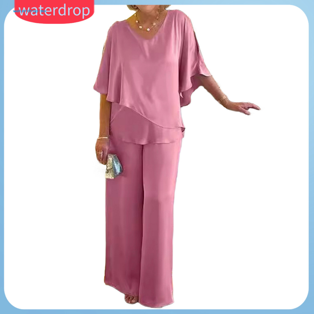 Women’s Summer Two-piece Set Casual V-neck Layered Top Wide Leg Pants Loose Lounge Outfit Perfect for Everyday Wear an