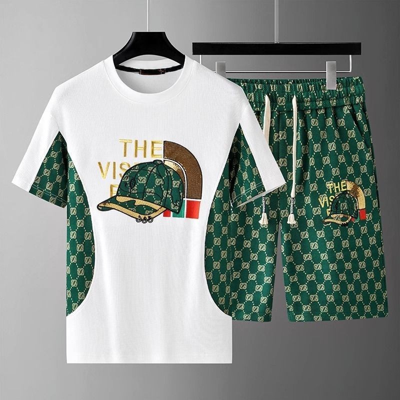 Fato Casual de Seda de Luxo Leve Fato Casual de Verão para Homens Versão Européia High-End T-Shirt Trendy Sports Two-Piece Suit Handsome