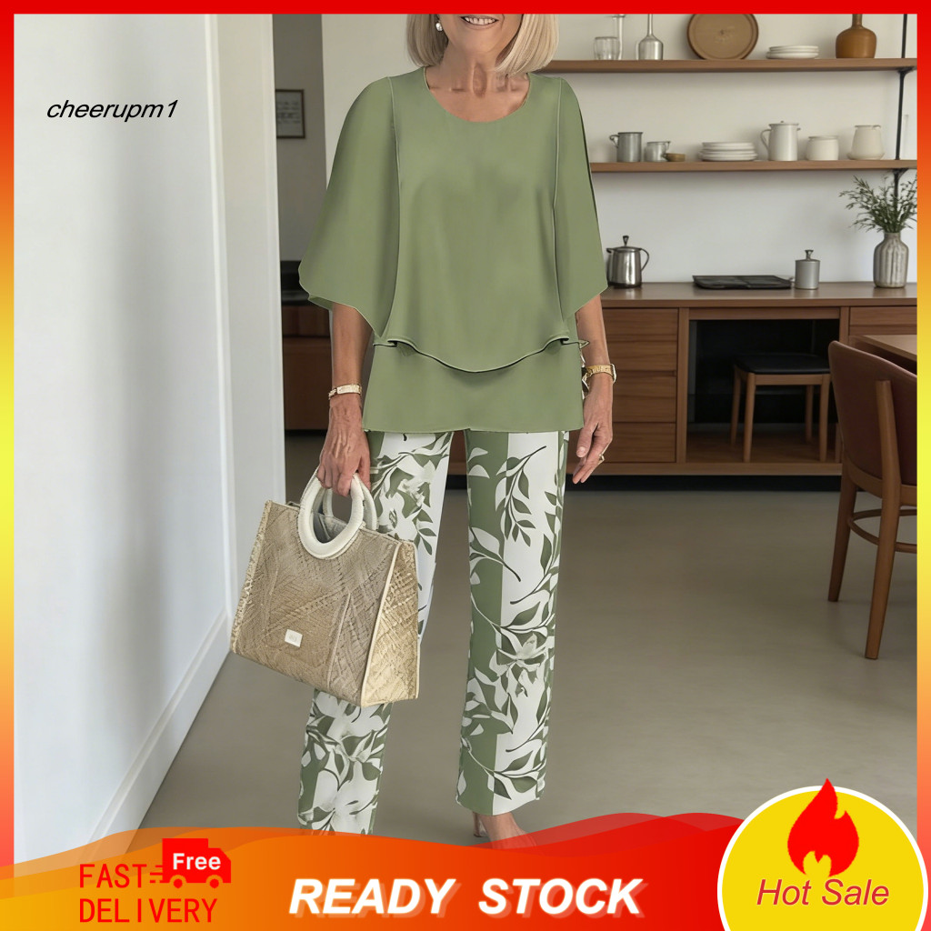 Breathable Women Clothing Two-piece Suit Women’s Summer 2-piece Set – Half Sleeve Crew Neck Top Long Pants Lightweig