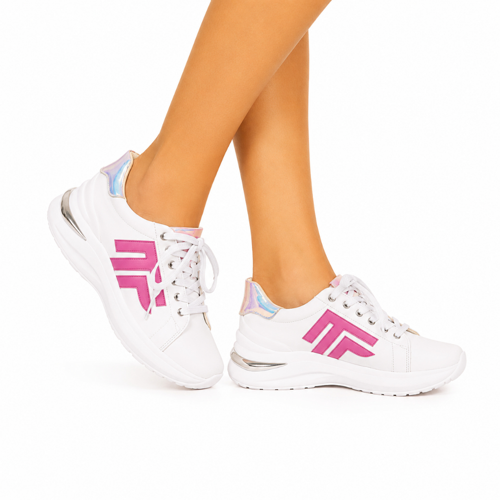Tênis Feminino Casual Branco Com Detalhe Rosa E Prata Plataforma Confortável NUMERO 35 PROMOÇÃO