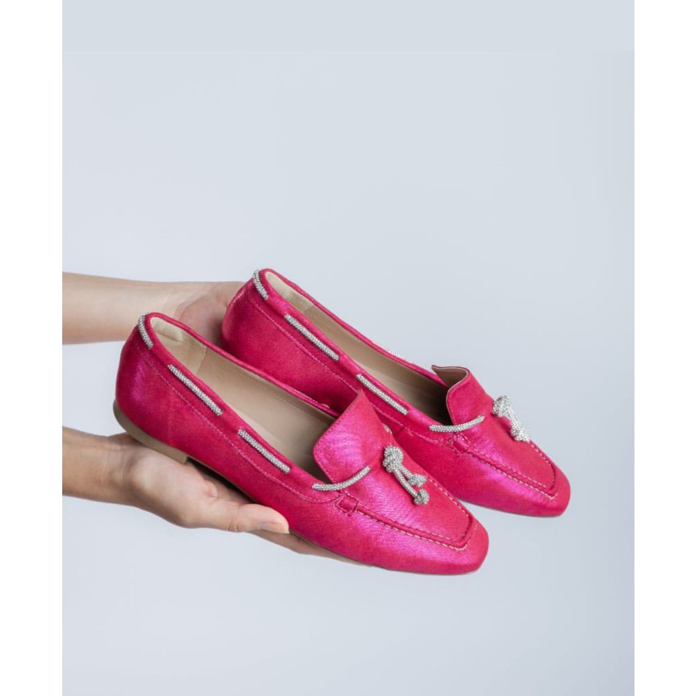 Mocassim feminino Rosa pink metalizado com detalhe prata no bico quadrado - Sapato feminino loafer /// mocassim feminino
