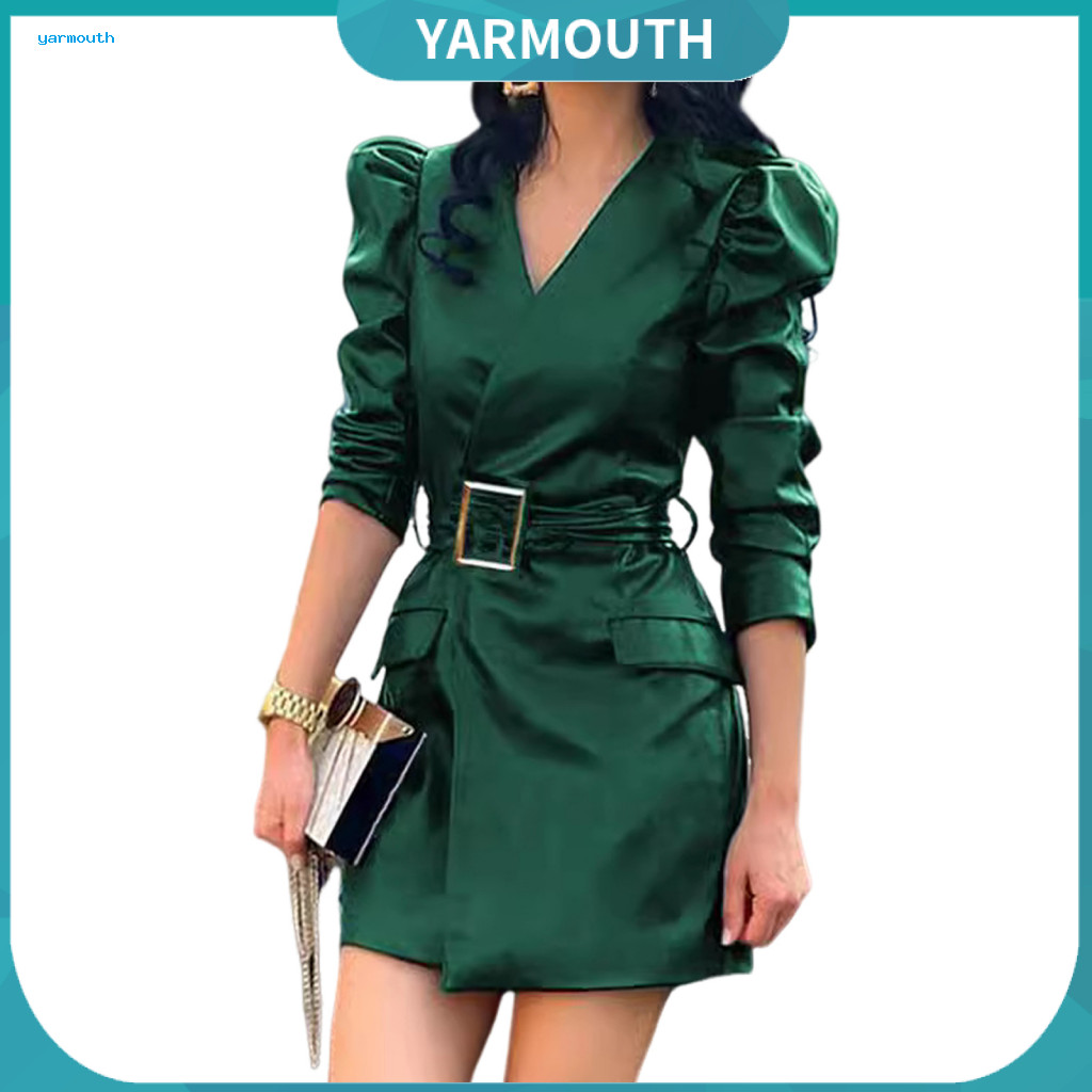 Women Dress Mini Spring Women’s V Neck Faux Leather with Belted Waist and Long Bubble Sleeves – Stylish Solid Color