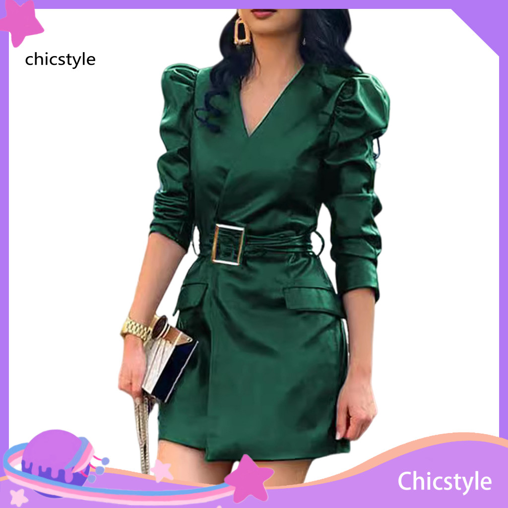 Short Dress Women Spring Women’s V Neck Faux Leather Mini with Belted Waist and Long Bubble Sleeves – Stylish Solid